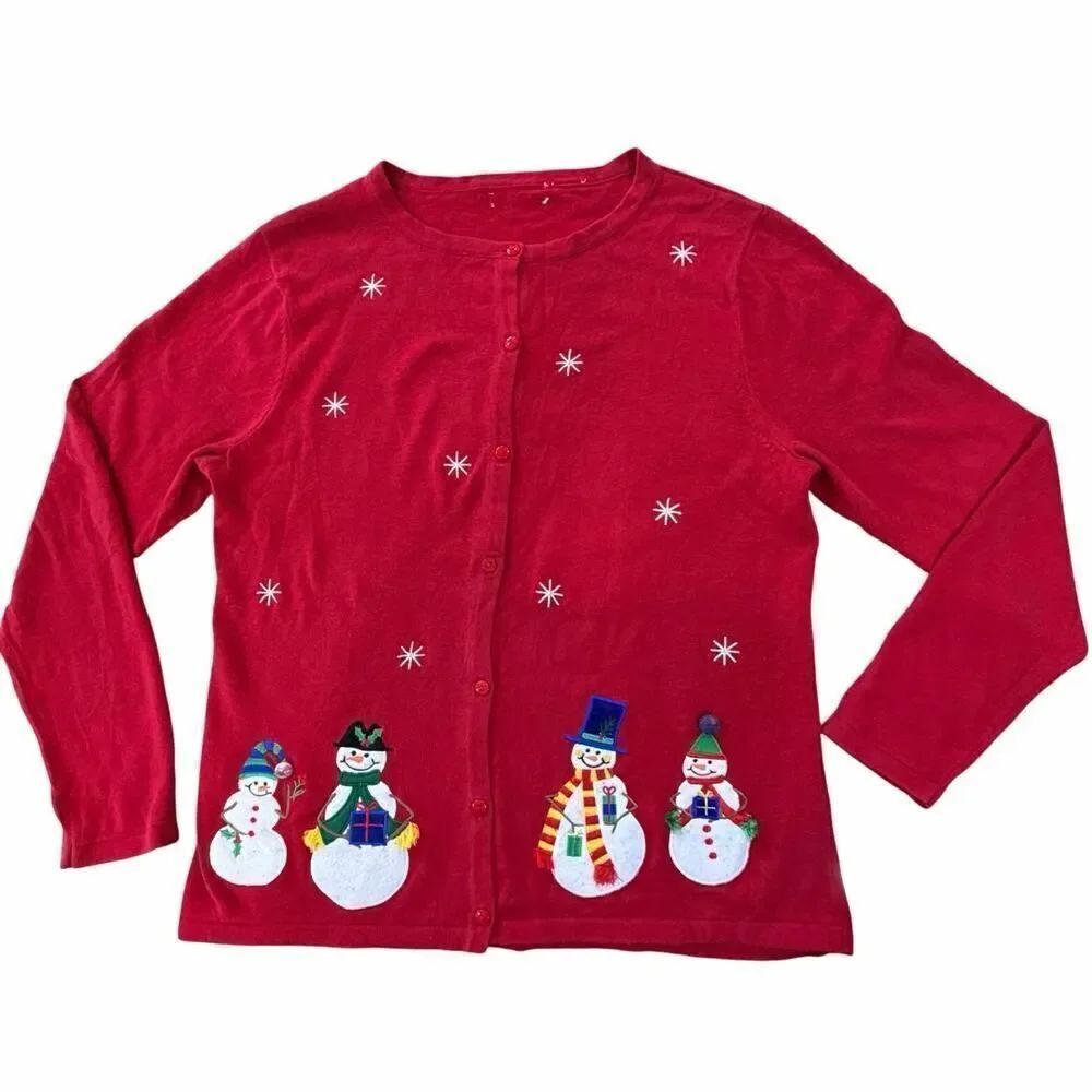Croft & Barrow Size Medium Red Ugly Christmas Sweater Snowman Holiday Cardigan